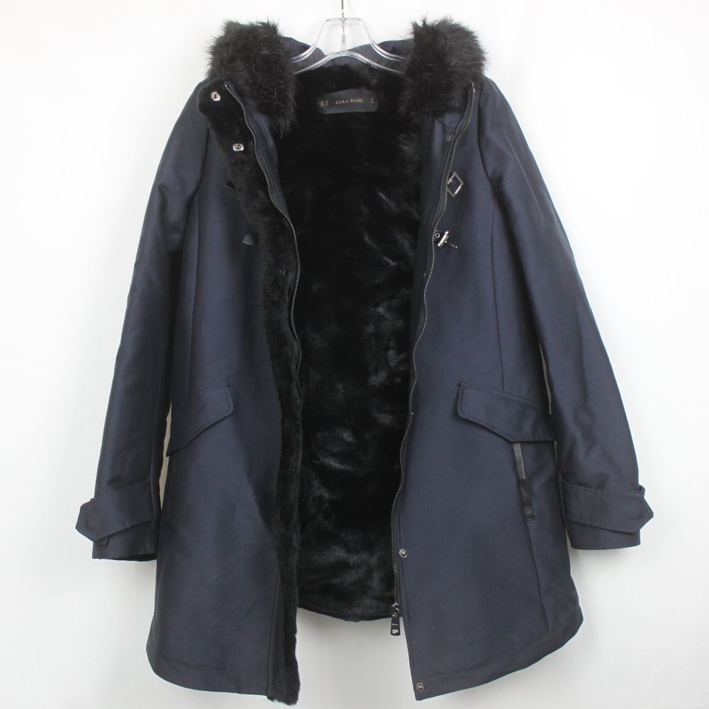 Zara Basic Dark Navy Blue Buckled Soft Faux Fur Hooded Zip Up Jacket